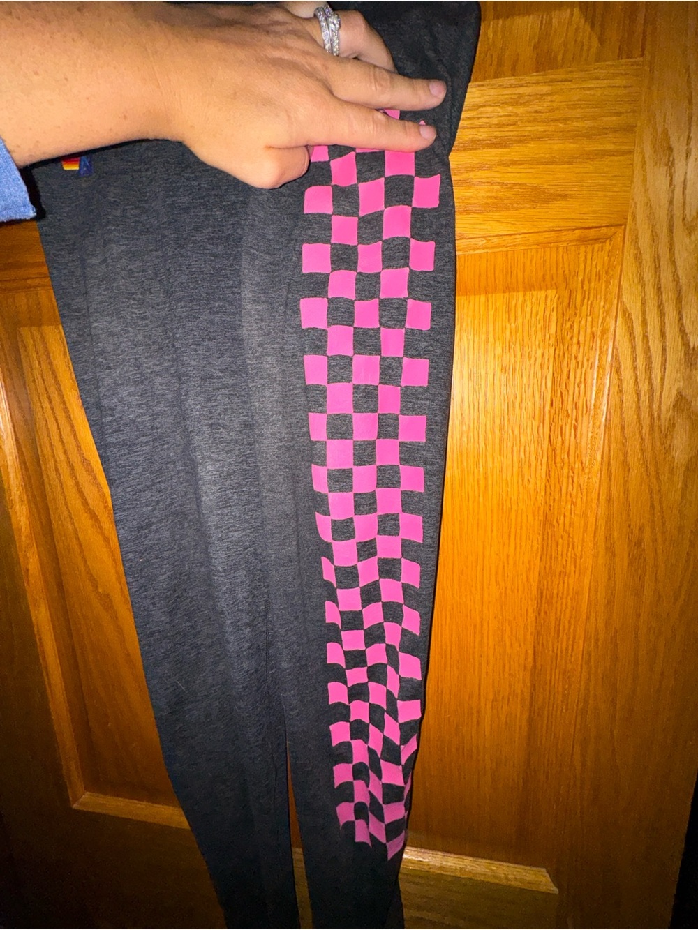 Aviator Nation Gray Leggings with Pink Checker Stripe